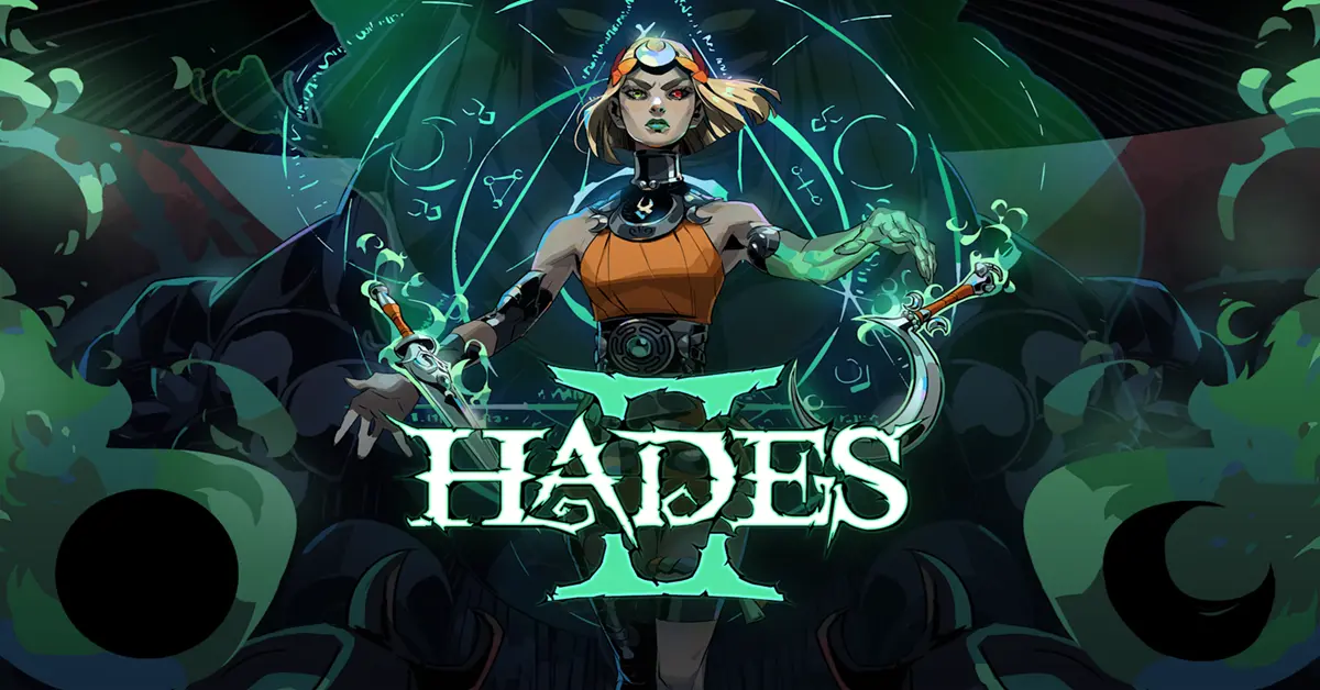 Melinoë die een halvemaanvormige staf hanteert en duistere magie gebruikt in Hades 2.