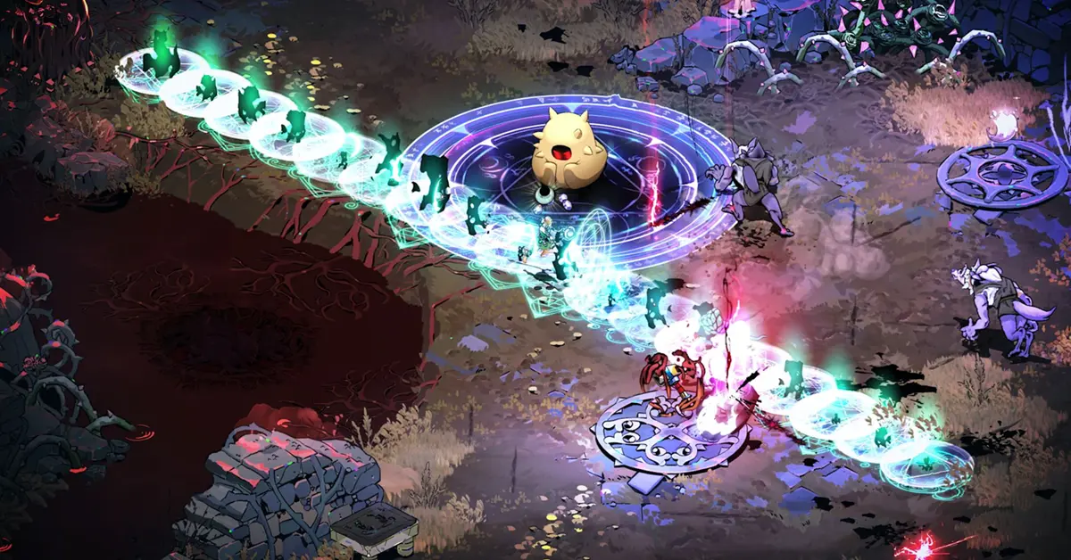 Gevechtsgameplay in Hades II waarbij Melinoë een maanvaardigheid gebruikt