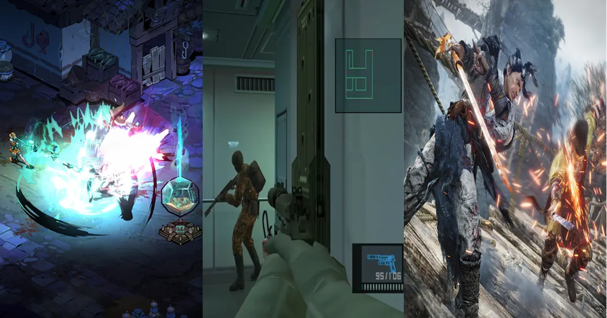 Een drievoudig gesplitst scherm met gameplay van Hades II, Metal Gear Solid Master Collection Vol 1 en Wo Long: Fallen Dynasty op de PC.