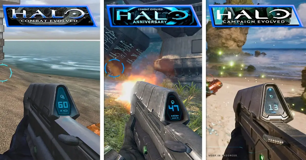Gesplitst scherm dat de belichtingsupgrades in de prequel-missies van Halo Campaign Evolved toont