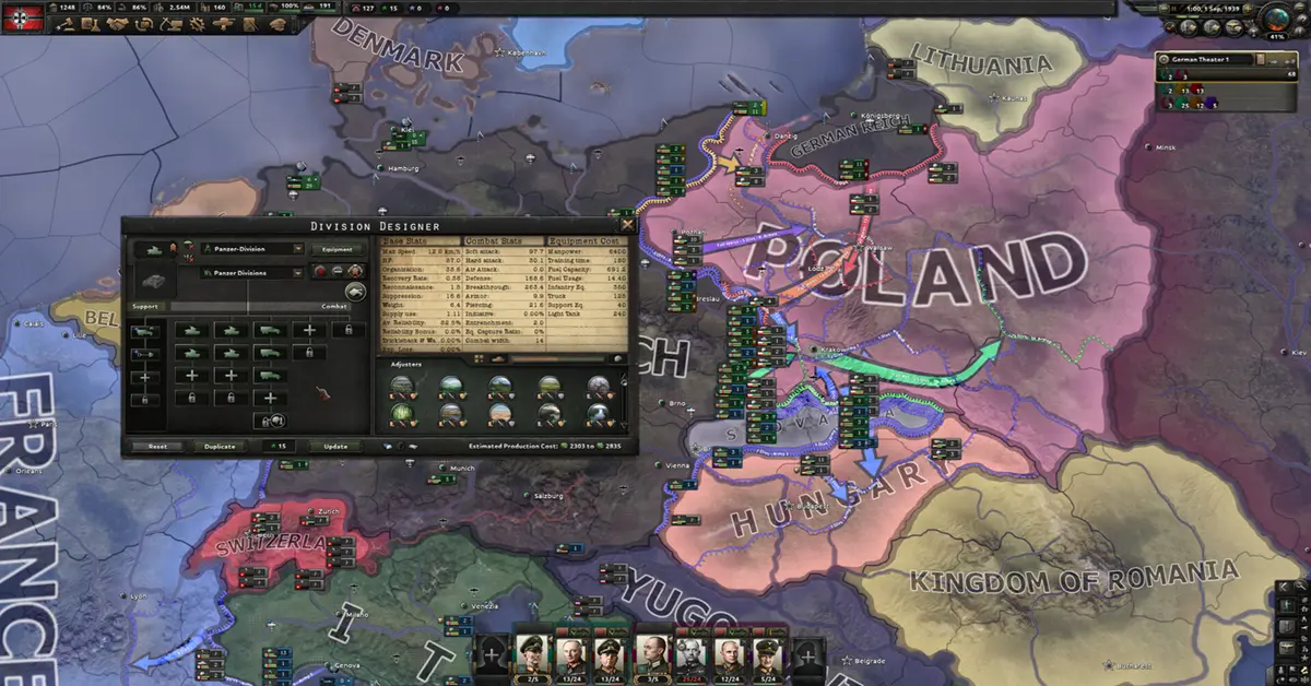 Een gedetailleerde weergave van de grand strategy-kaart van Hearts of Iron IV die Europese grenzen en troepenverplaatsingen toont