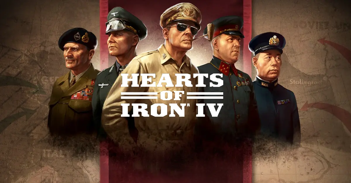 Hoofdafbeelding van Hearts of Iron IV met generaals uit de Tweede Wereldoorlog en elementen van de strategische kaart