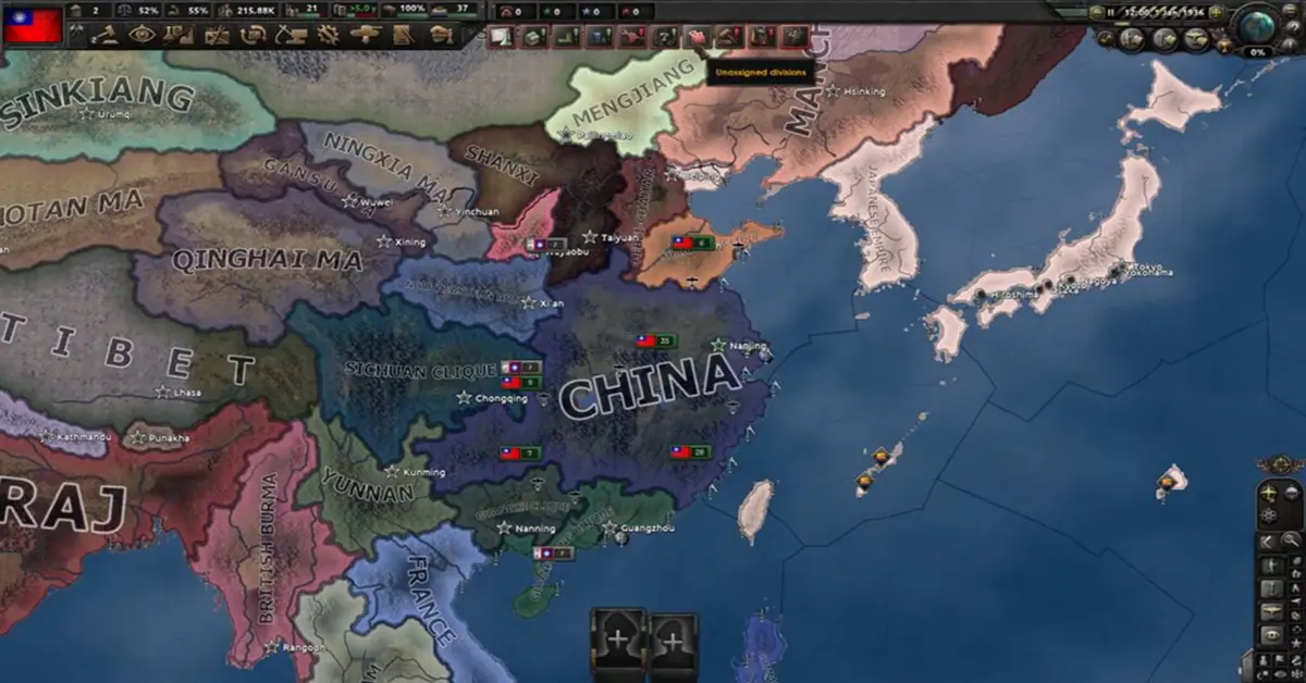 Tactische kaartweergave van de Pacific in Hearts of Iron IV No Compromise No Surrender