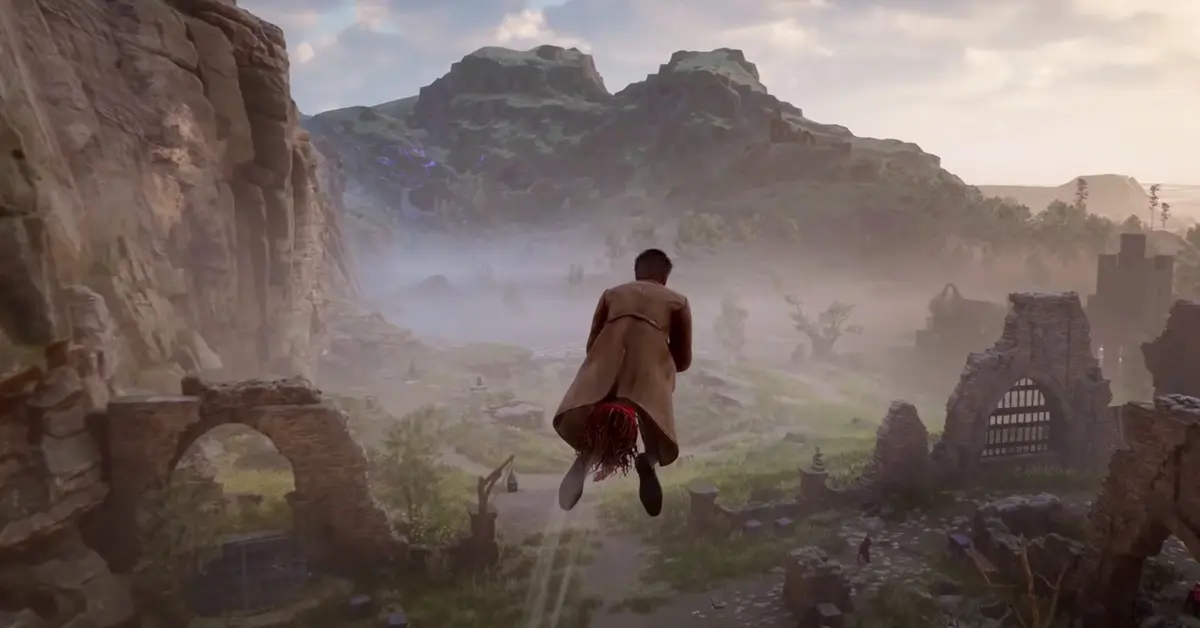 Een player character die op een bezemsteel over het uitgestrekte Verboden Bos vliegt