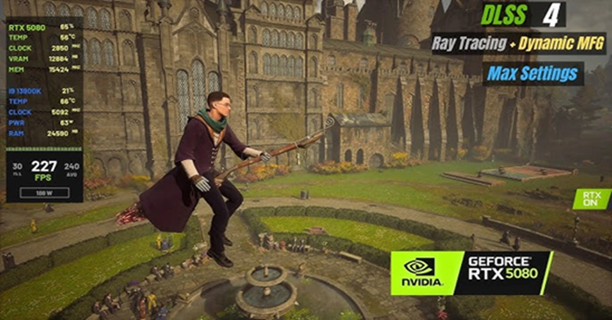 Hogwarts Legacy draait op pc met DLSS4 en verbeterde ray-tracing ingeschakeld.