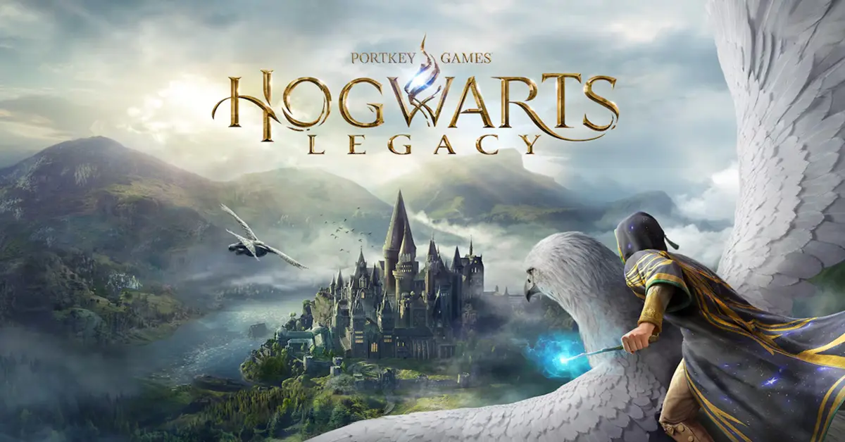 Hogwarts Legacy gameplay die de buitenkant van de tovenaarsschool toont bij schemering.