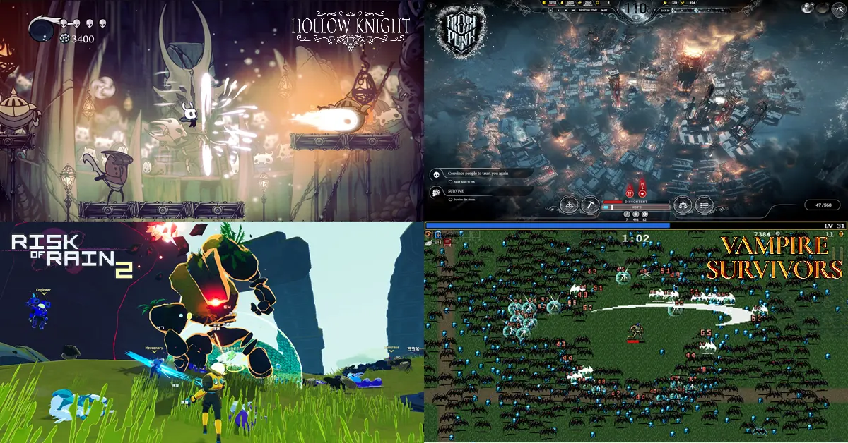 Vier gesplitste panelen met afzonderlijke gameplay-kunst van Frostpunk, Hollow Knight, Risk of Rain 2 en Vampire Survivors