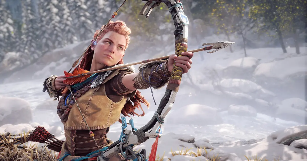 Hoge-resolutie gameplay screenshot van Horizon Forbidden West op pc met ultra-instellingen, die Aloy toont terwijl ze richt met haar boog