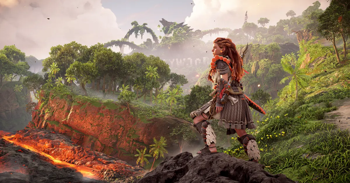 Aloy verkent het post-apocalyptische landschap in Horizon Forbidden West Complete Edition.