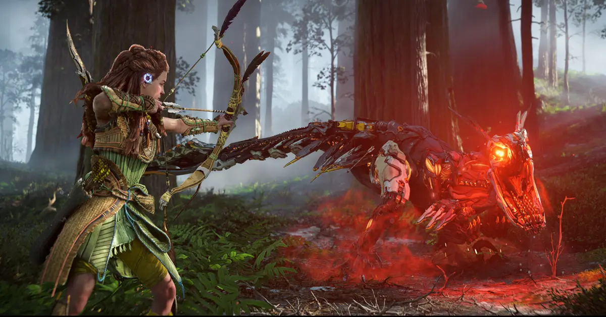 Aloy trekt haar boog tegen een groot mechanisch wezen in een weelderige jungleomgeving in Horizon Forbidden West.