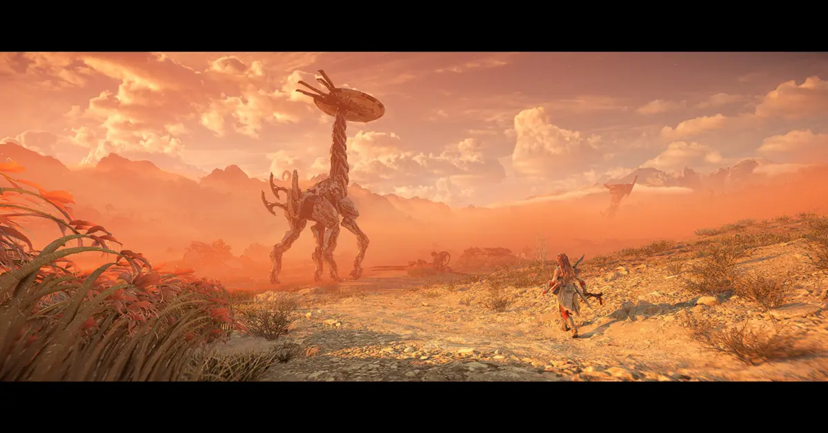 Gameplay-screenshot van Aloy die een geruïneerd mechanisch landschap verkent in Horizon Forbidden West op pc.