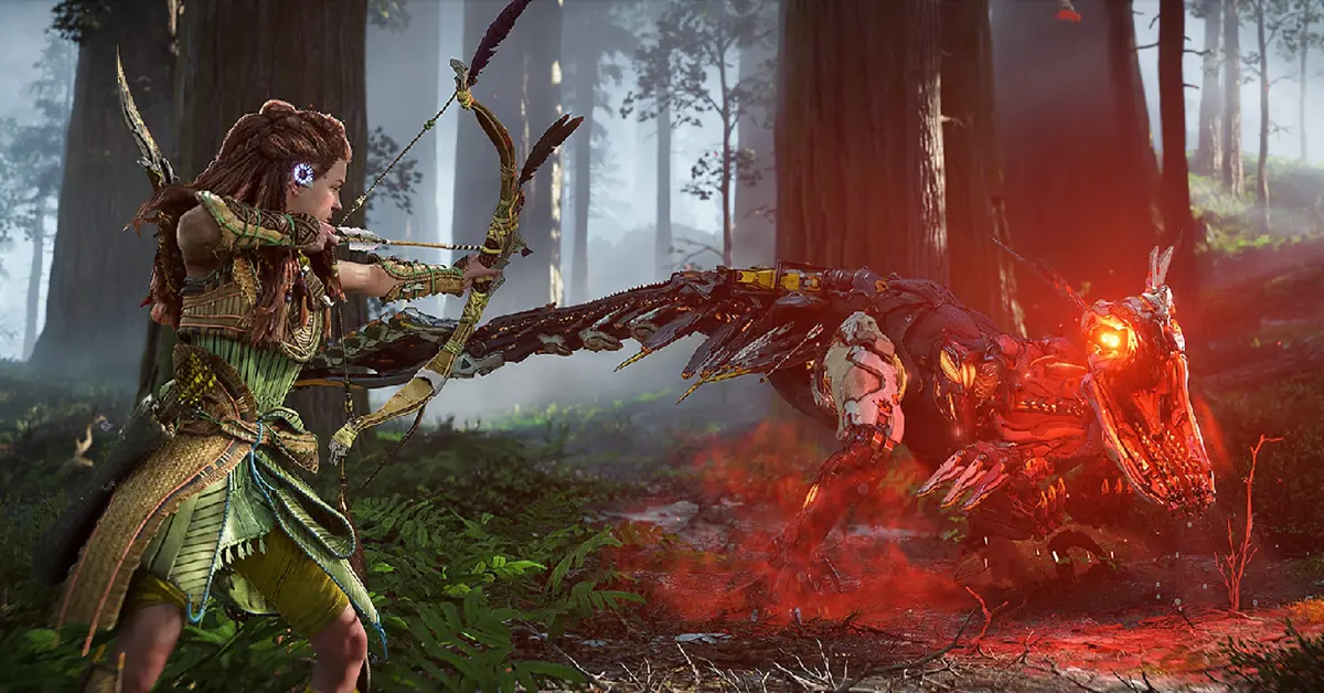 Aloy schiet met haar boog op een enorme mechanische Tremortusk in Horizon Forbidden West