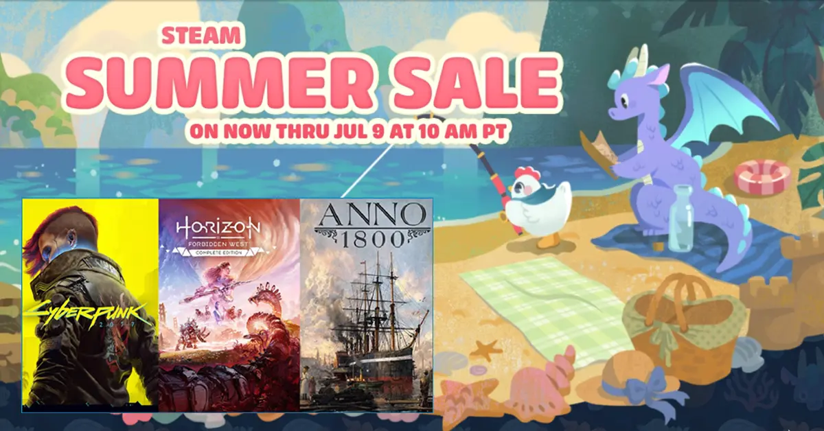 Steam Summer Sale bundel kortingsafbeelding met Cyberpunk 2077, Horizon Forbidden West en Anno 1800