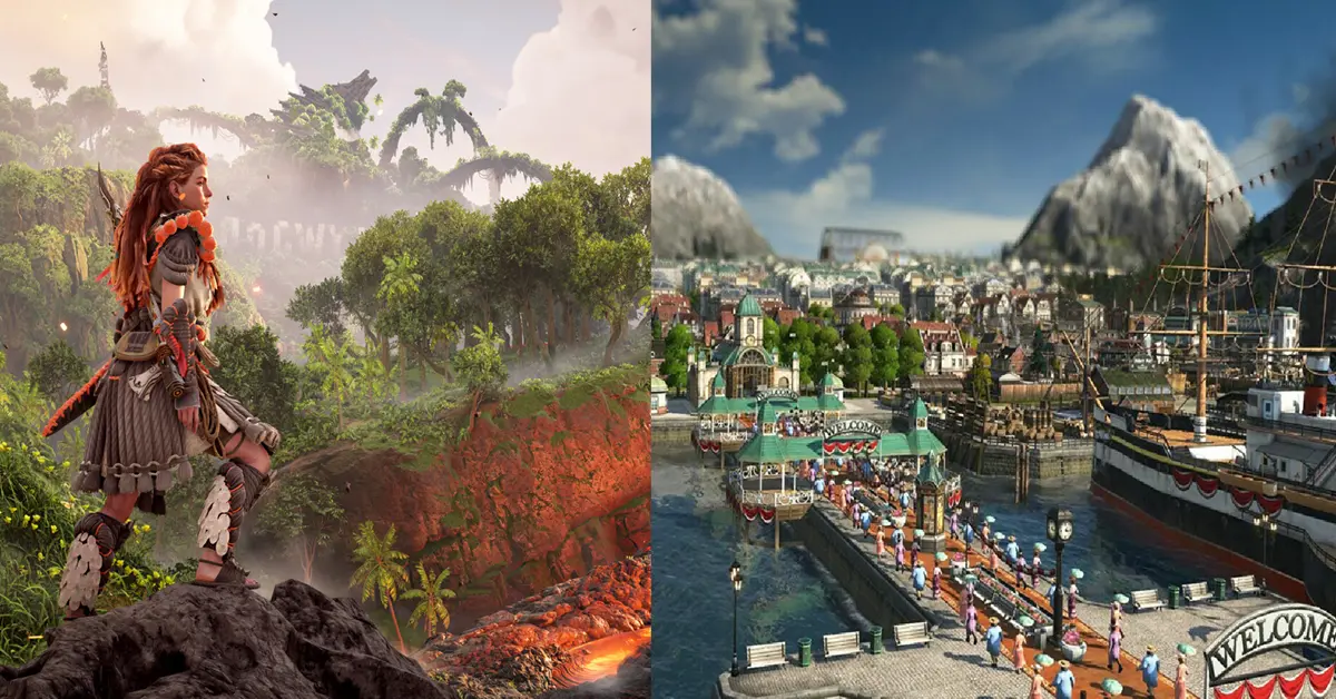 Gesplitste afbeelding die links de weelderige, begroeide omgevingen van Horizon Forbidden West toont en rechts een dichte, geïndustrialiseerde Victoriaanse stad in Anno 1800.