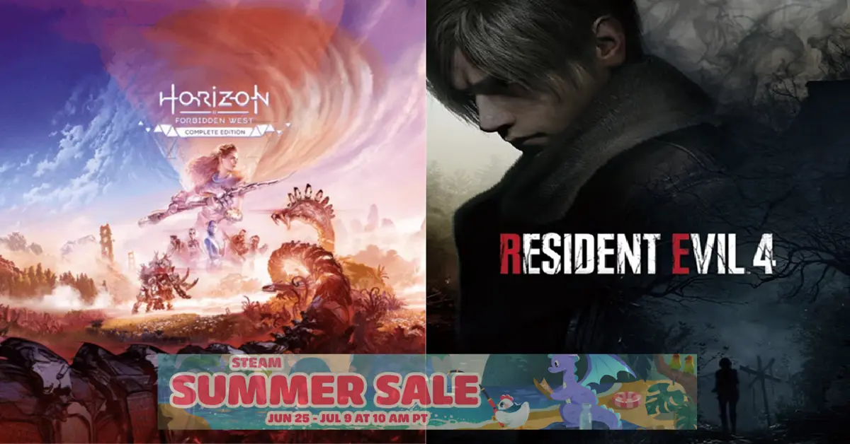 Een gesplitst scherm dat het logo van de eindigende Steam Summer Sale toont naast pc-gamecovers voor Resident Evil 4 und Horizon Forbidden West.