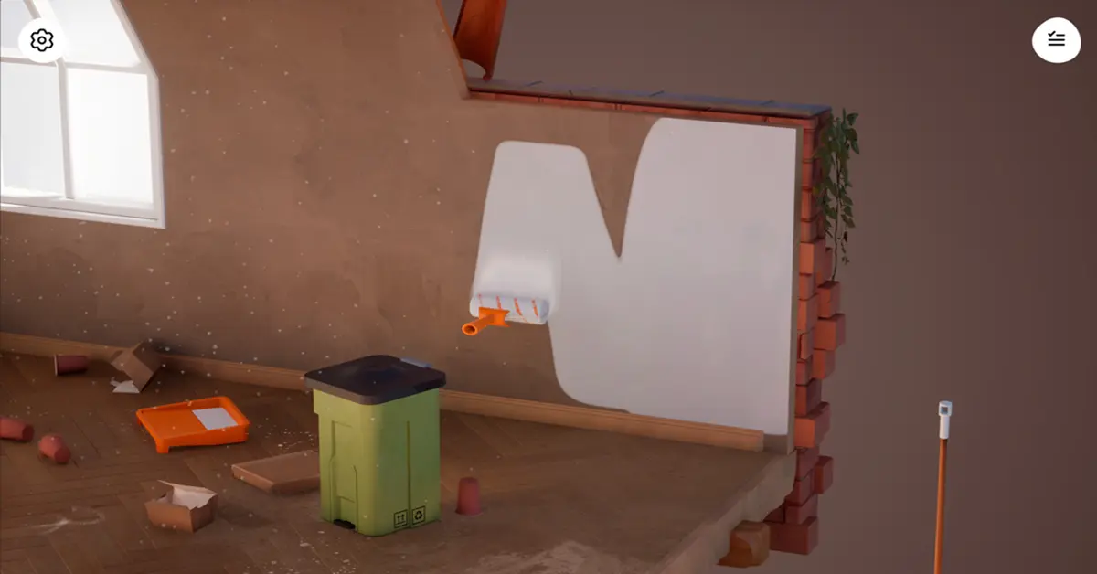 First-person view van het schilderen van een muur in Hozy, omringd door verhuisdozen en zonlicht.