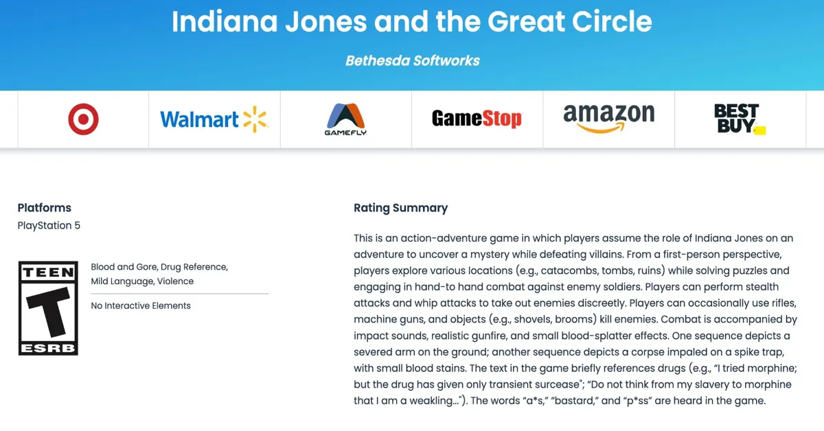 Indiana Jones and the Great Circle PS5 Rating