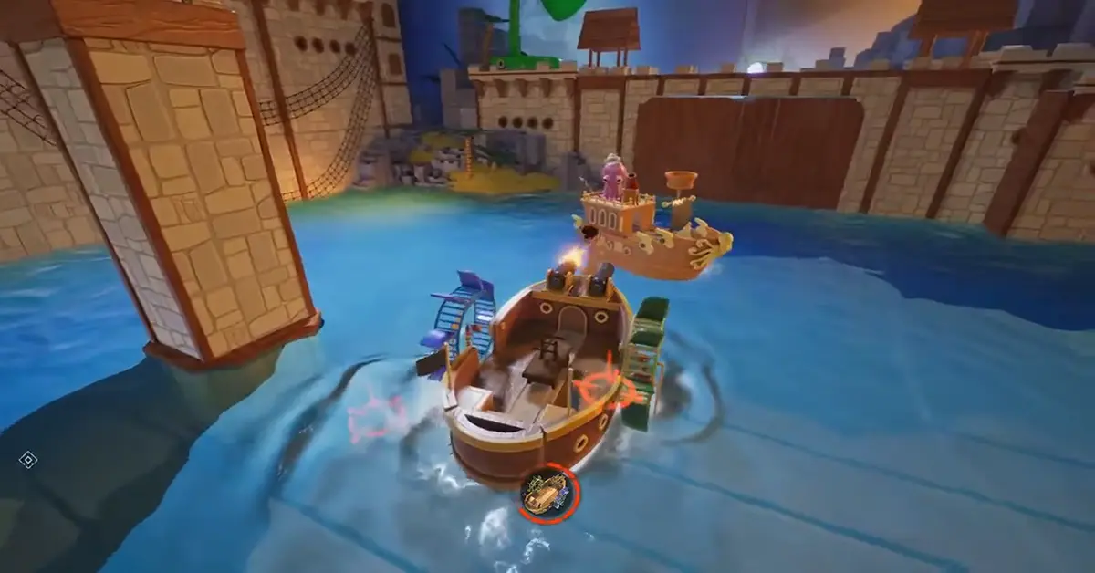 Cody en May in gevecht met een gigantische boss op een houten piratenschip in It Takes Two
