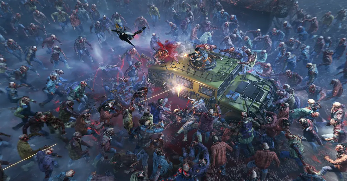 Een gepantserd voertuig dat door een gigantische zwerm zombies ploegt in Toxic Commando