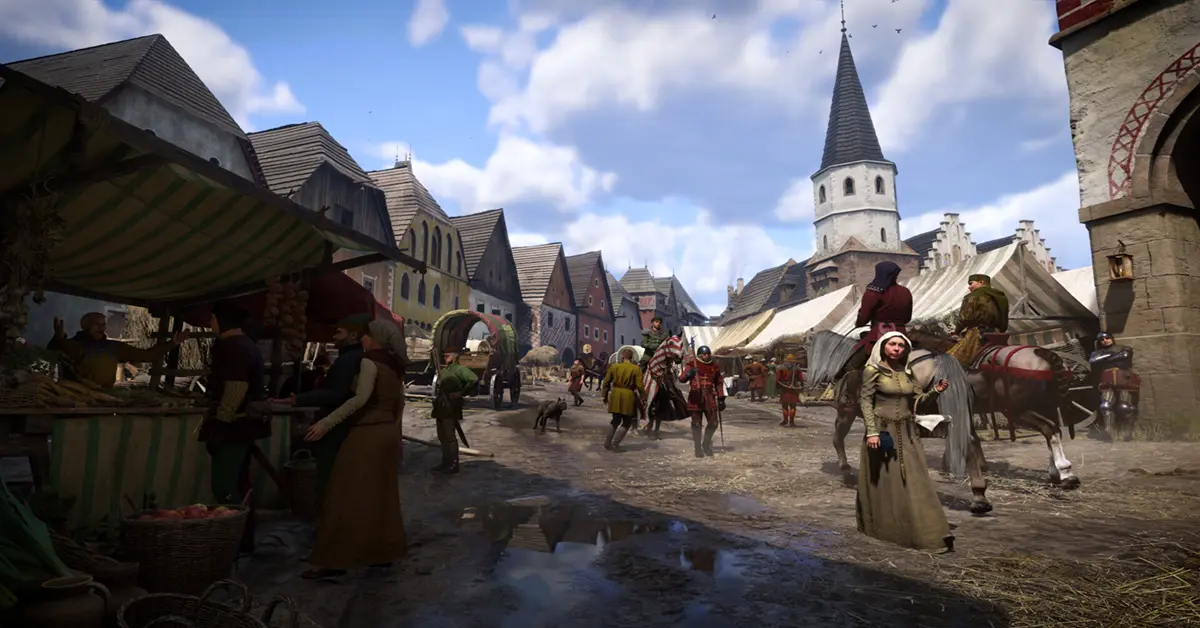 Henry van Skalitz rijdt op een paard door een gedetailleerd middeleeuws dorp in Kingdom Come 2