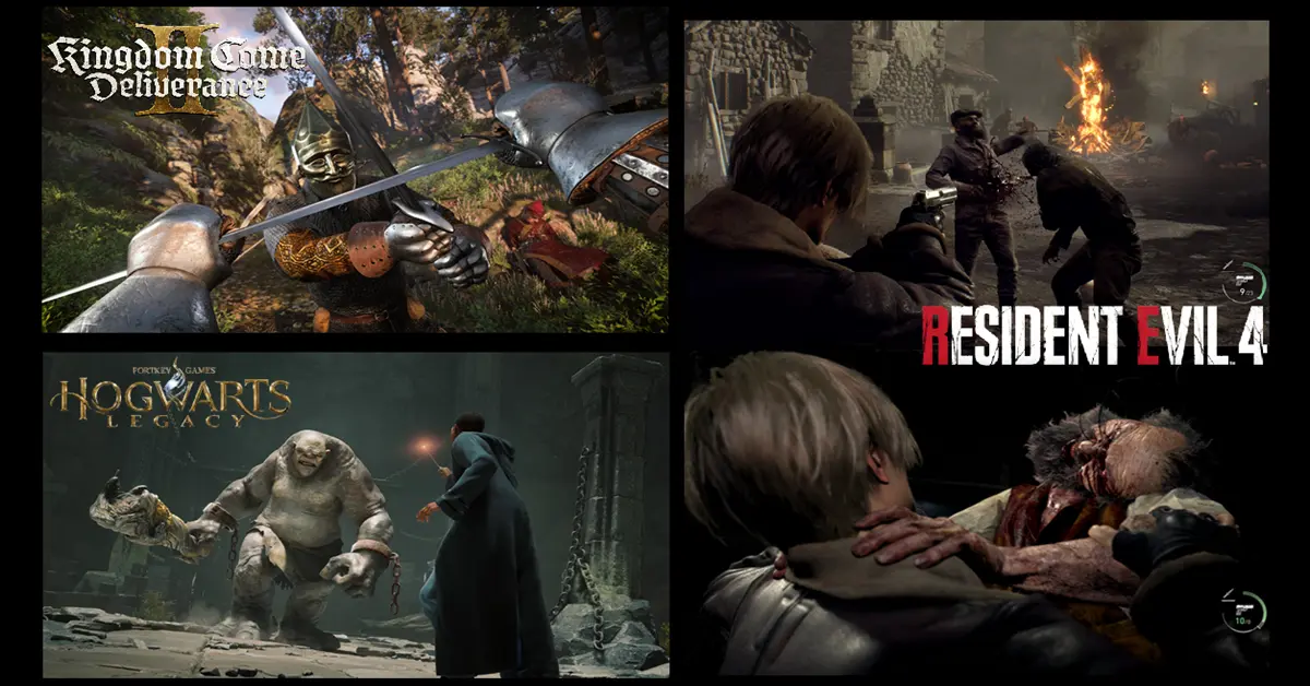 Een collage van scènes uit Kingdom Come Deliverance 2, Resident Evil 4 Remake en Hogwarts Legacy die gameplay-mechanieken tonen