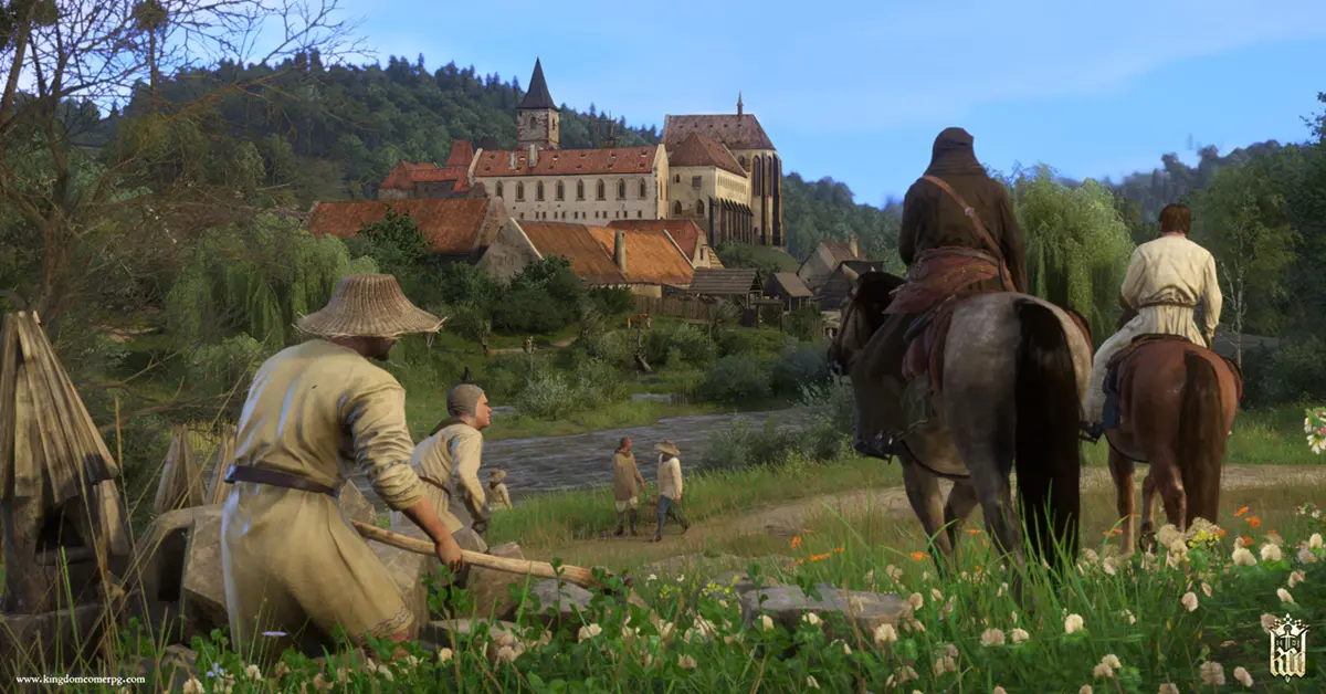 Henry van Skalitz kijkt uit over een weelderige middeleeuwse vallei in Kingdom Come: Deliverance.