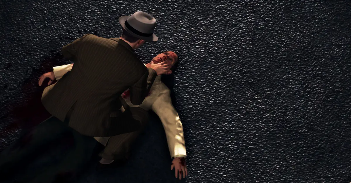 Cole Phelps onderzoekt bewijsmateriaal op een plaats delict in L.A. Noire