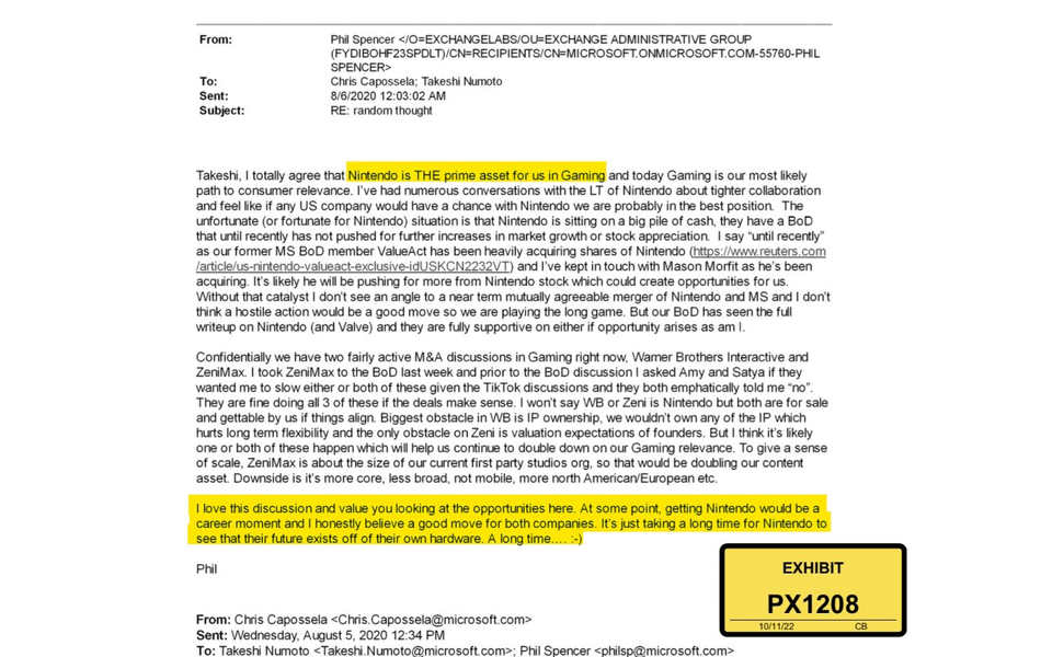 uittreksel uit de e-mail van Microsoft uit 2020 over de overname van Nintendo