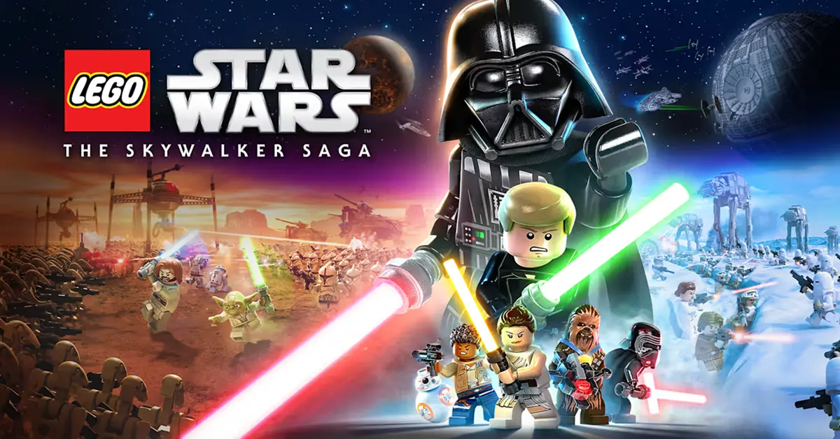 LEGO Luke Skywalker die zijn blauwe lichtzwaard ontsteekt tegen een woestijnachtergrond