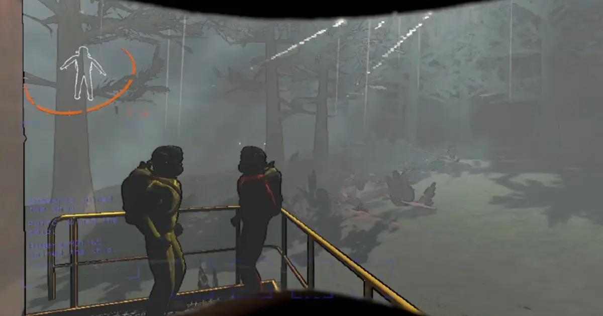 Een hectisch co-op moment in Lethal Company waarbij een speler wordt achtervolgd door een monster terwijl teamgenoten van een afstand toekijken.