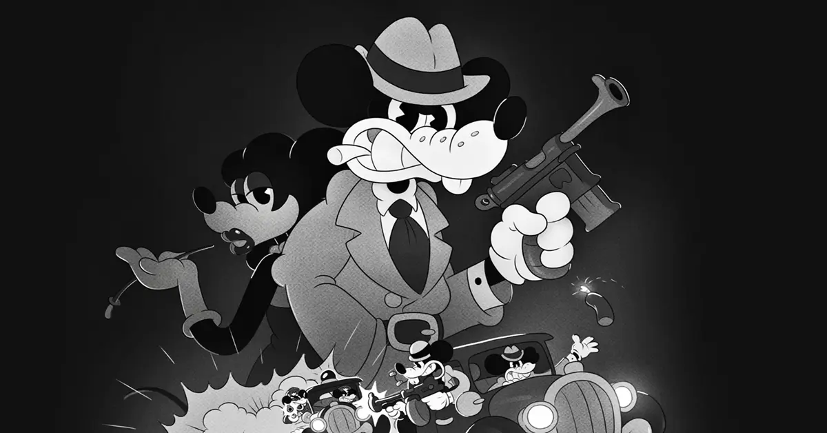 Jack Pepper manoeuvreert door een donker steegje in MOUSE: P.I. For Hire met getrokken revolvers.