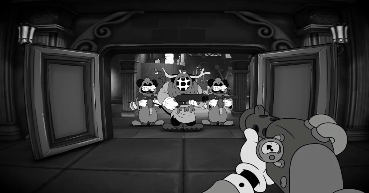 Een cinematografisch gameplay-shot van MOUSE: P.I. For Hire waarin de 1930s rubber-hose animatiestijl te zien is.