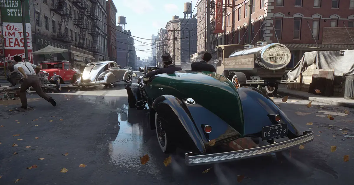 Gameplay screenshot die de rijmechanieken in Mafia Definitive Edition toont
