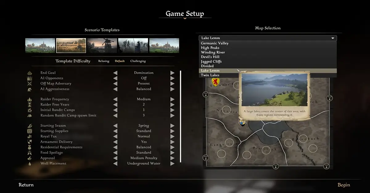 Manor Lords Twin Lakes map showcasing new terrain and level 4 Burgage plots