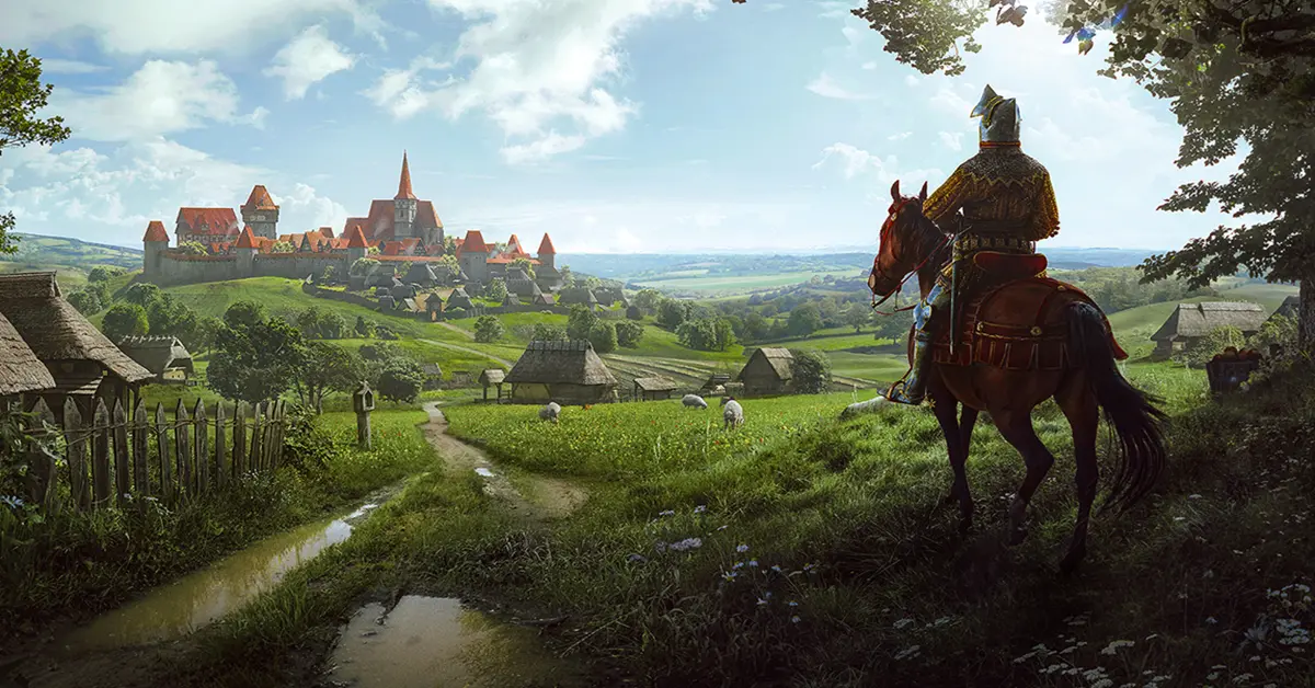 Een bruisend middeleeuws dorp in Manor Lords met boeren die op het land werken en een kasteel in de verte