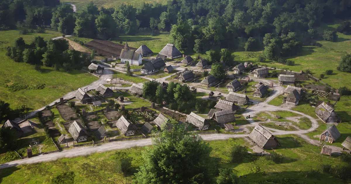 Filmisch overzicht van een middeleeuws dorp in Manor Lords met marktkraampjes en vakwerkhuizen.