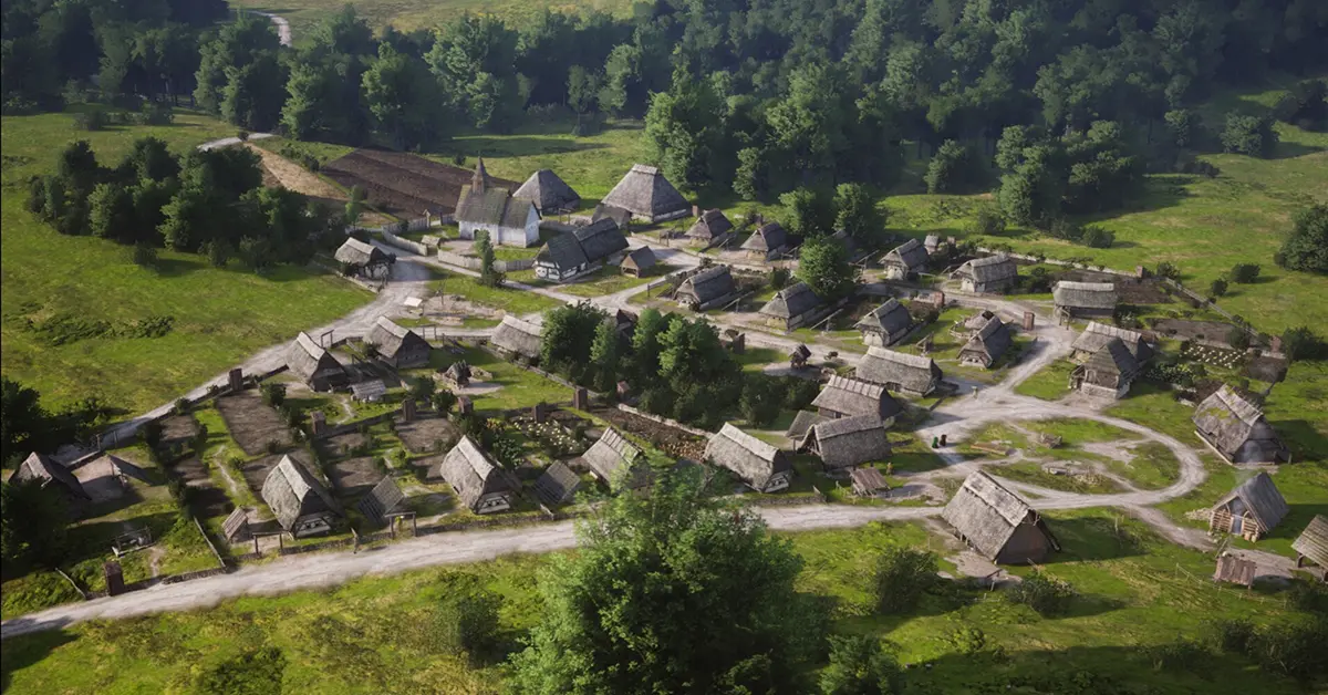 Manor Lords medieval city building layout on PC