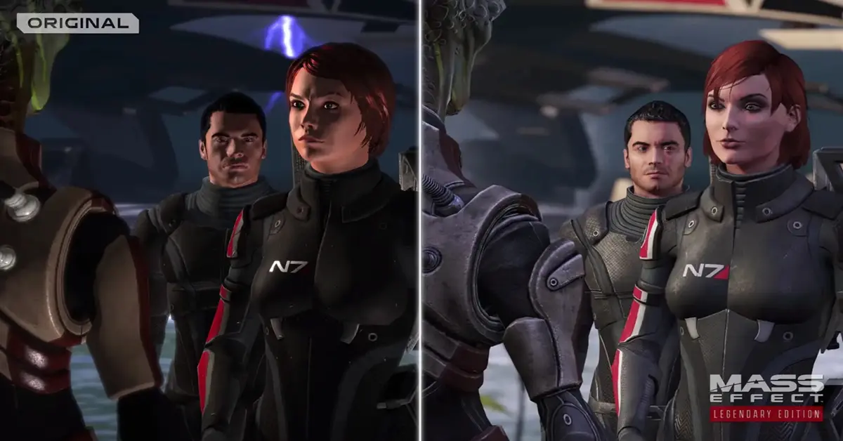 Zij-aan-zij vergelijking van de originele Mass Effect-beelden met de 4K Legendary Edition-remaster.