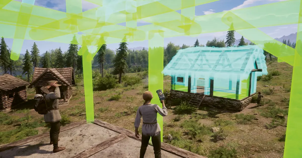 Medieval Dynasty bouw-UI die de nieuwe verplaatsingsfunctie van de hamer toont.