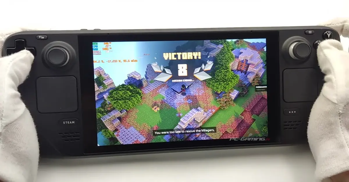 Gebruikersinterface van Minecraft Dungeons II draaiend op het scherm van een Steam Deck