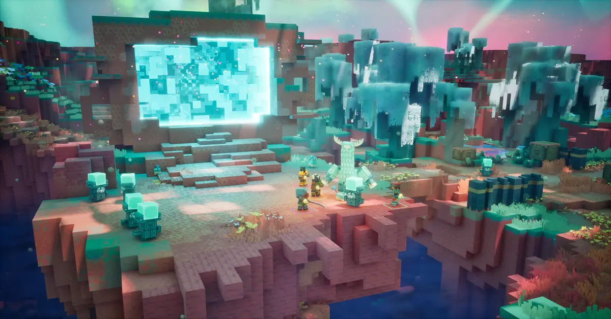 Personages uit Minecraft Dungeons II verkennen de Sift-dimensie op de pc