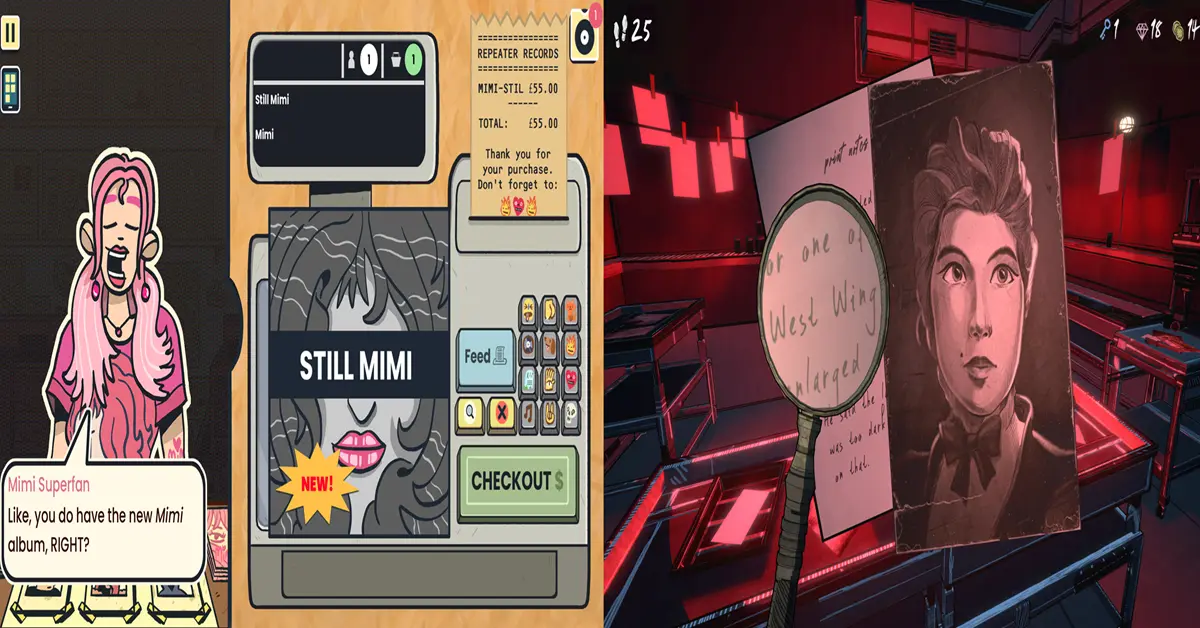 Gameplay screenshot die de toonbank van de platenzaak in Wax Heads laat zien, naast puzzelelementen uit Blue Prince.