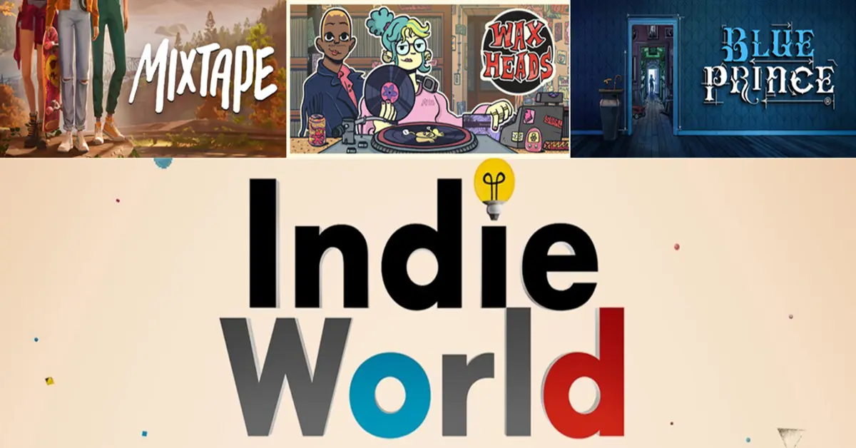Een kleurrijke collage met goedkope indie pc-games in mei 2026, waaronder Mixtape, Wax Heads en Blue Prince.