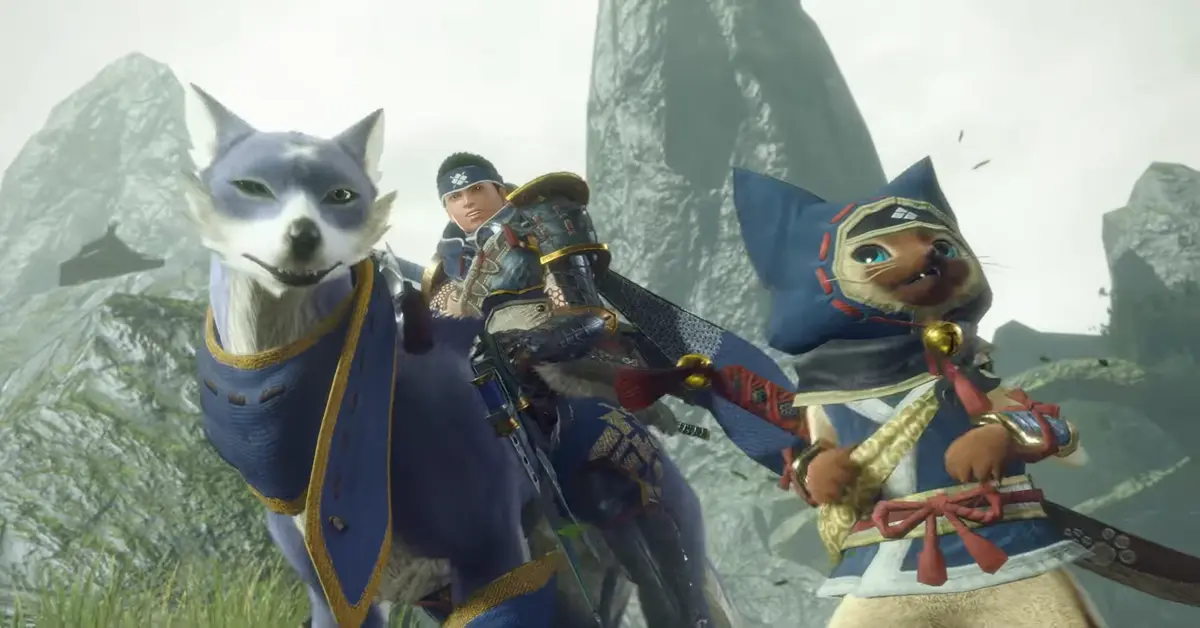 Twee jagers rijden op Palamutes naast een Palico-metgezel in Monster Hunter Rise.