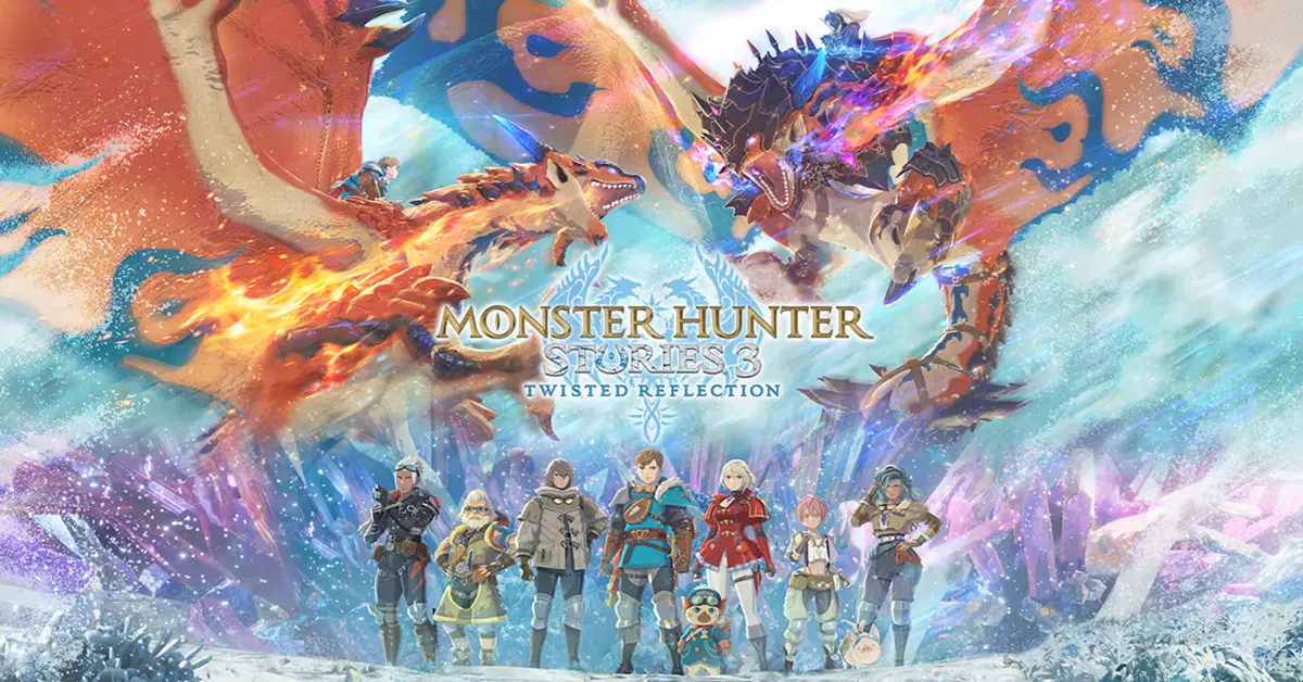 Tweeling-Rathalos die door de lucht vliegen in Monster Hunter Stories 3.