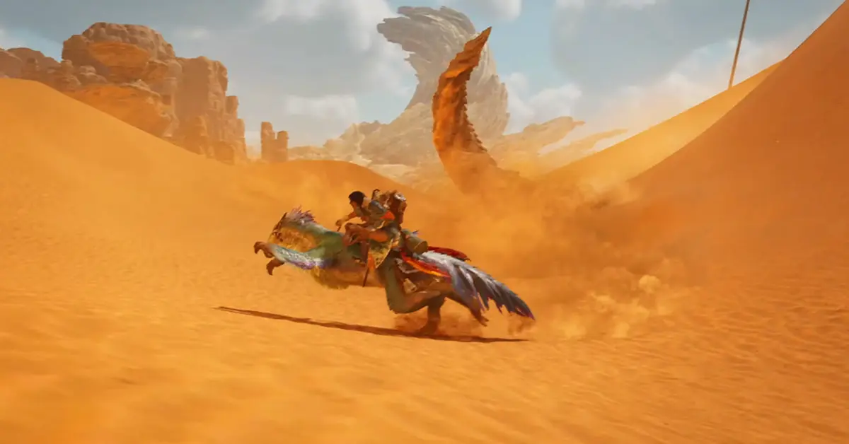 Een jager die op een Seikret-rijdier door een gigantische zandstorm rijdt in Monster Hunter Wilds.