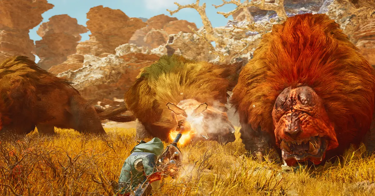 Jager neemt het op tegen een enorm beest in een dynamisch weer-ecosysteem in Monster Hunter Wilds
