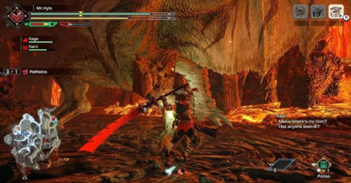 Een jager met een Long Sword staat tegenover een vuurspuwende Rathalos in een vulkanische arena.