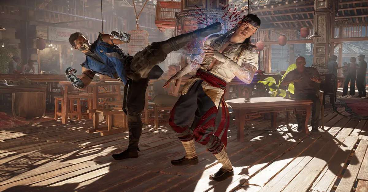 Os lutadores de Mortal Kombat 1, Liu Kang e Sub-Zero, enfrentam-se num cenário de arena de alta resolução.
