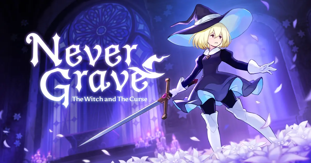 Never Grave The Witch and The Curse hoofdpersonage met een vervloekte hoed in een donkere dungeon.